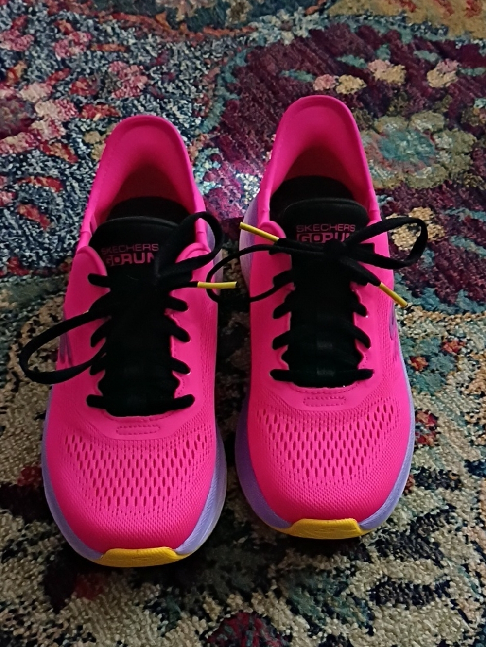 Skechers Bright Pink Athletic Running Shoes with Black Laces and Yellow Accents